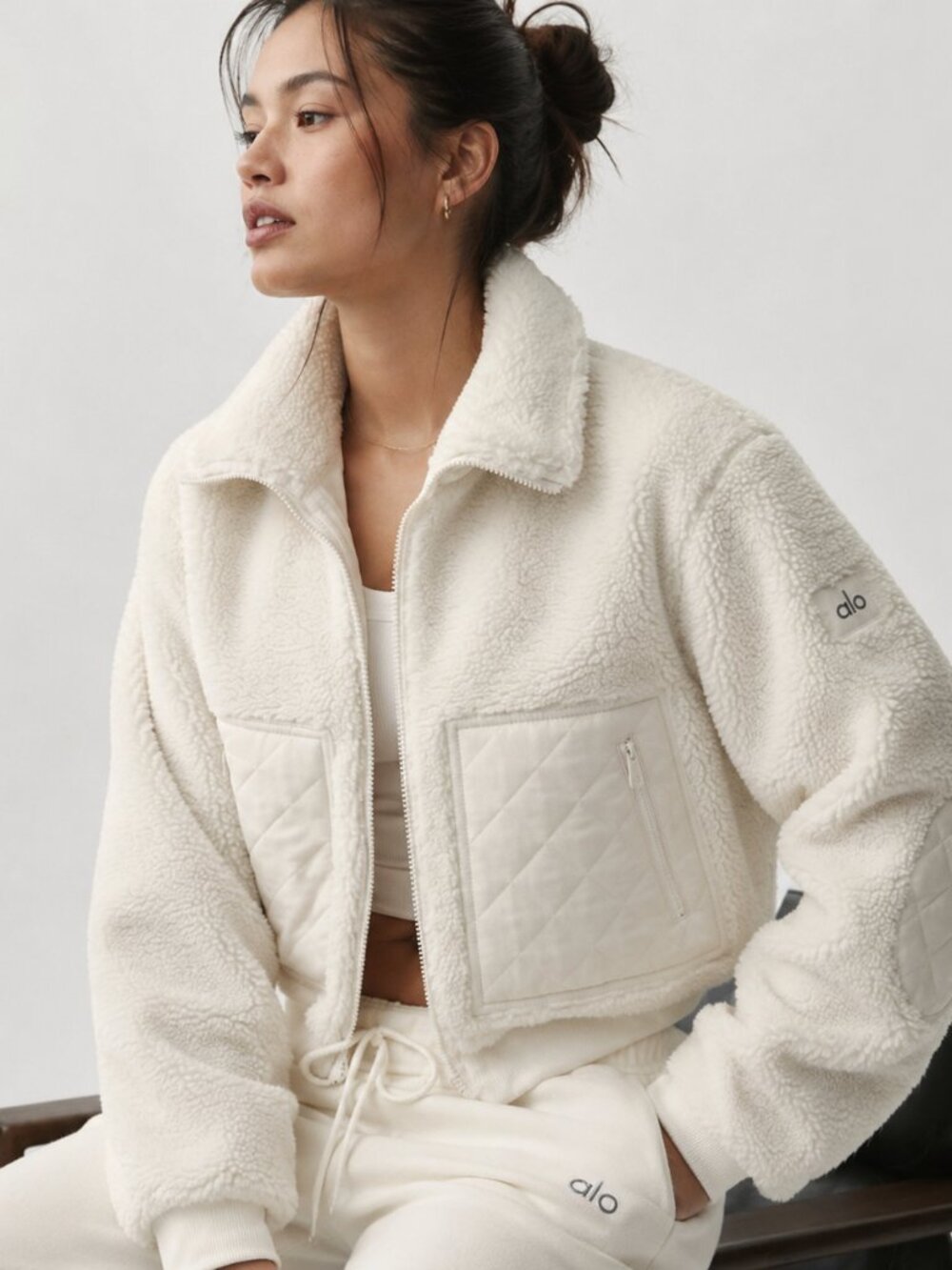 Alo Yoga Sherpa Bomber Jacket NWT White Multi Size S/M